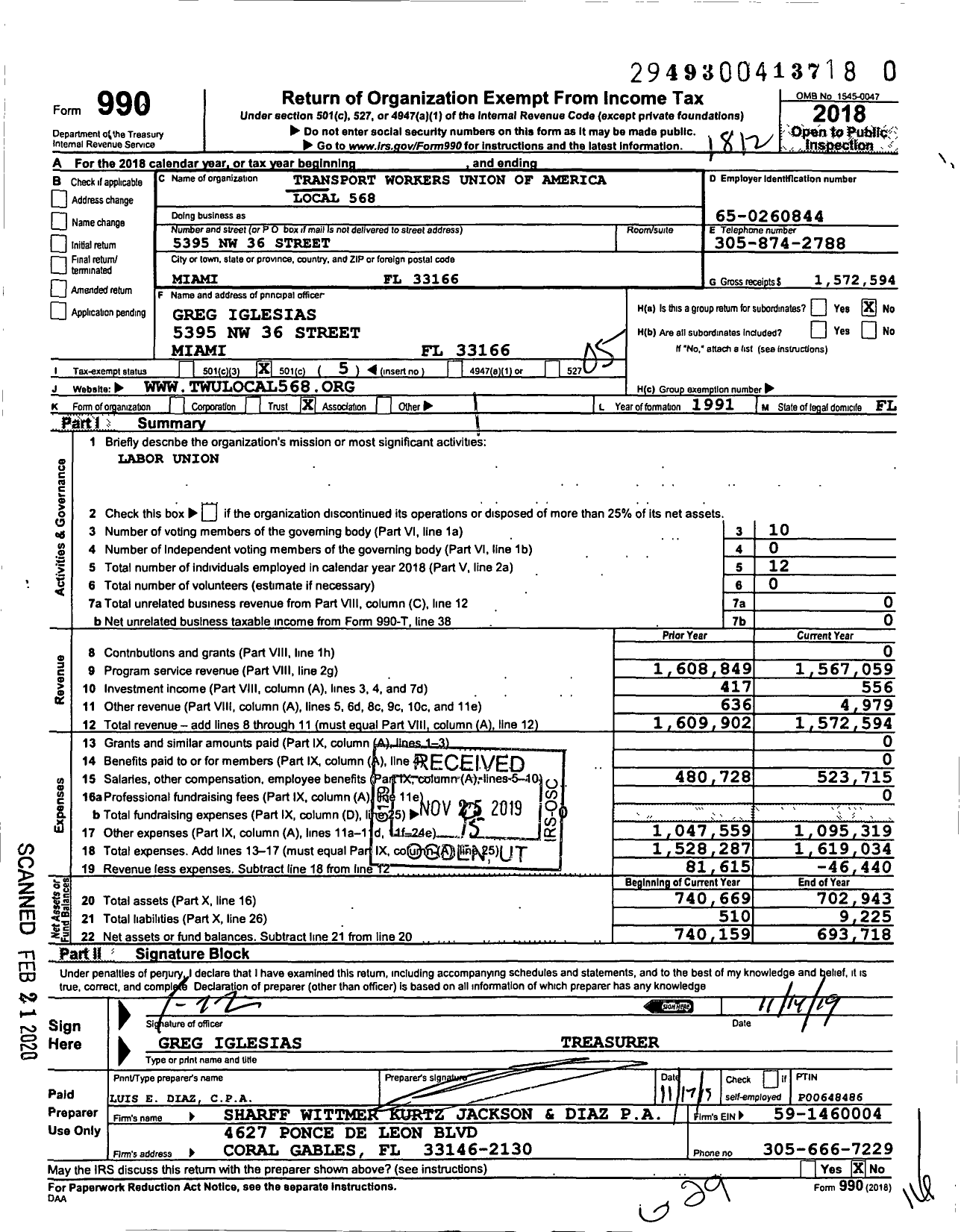 Image of first page of 2018 Form 990O for Transport Workers Union - 568 Local