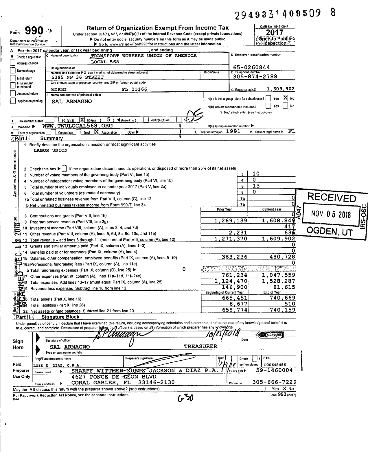 Image of first page of 2017 Form 990O for Transport Workers Union - 568 Local