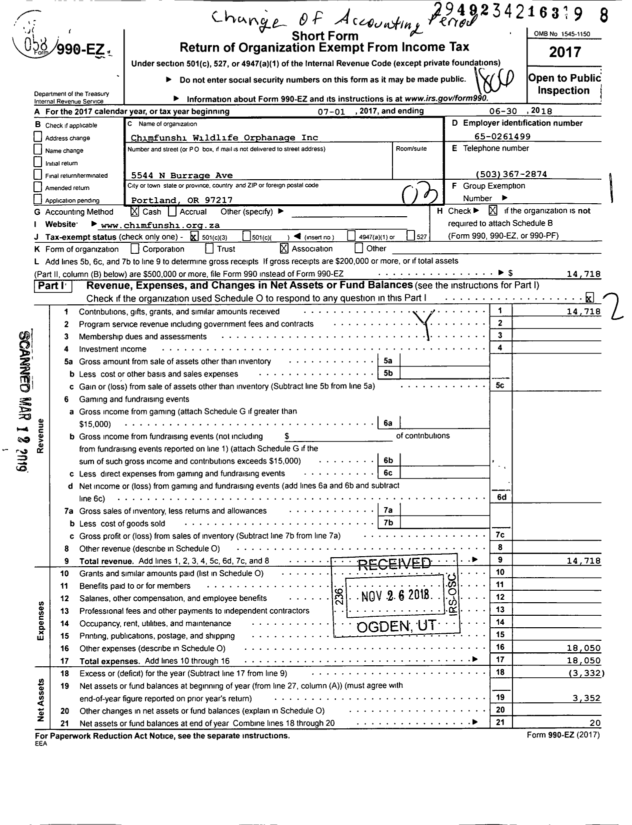 Image of first page of 2017 Form 990EZ for Chimfunshi-USA