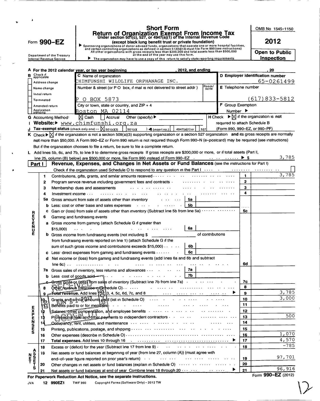 Image of first page of 2012 Form 990EZ for Chimfunshi-USA