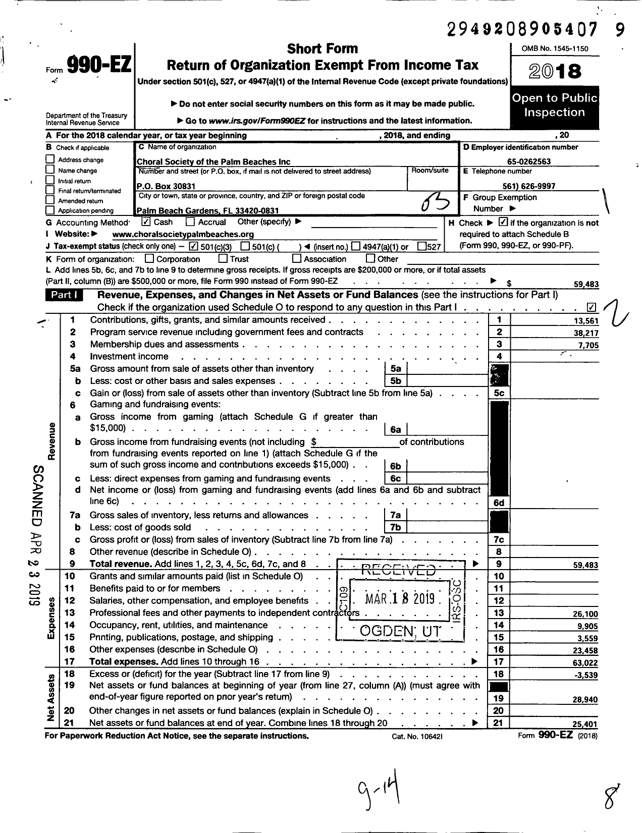 Image of first page of 2018 Form 990EZ for Choral Society of the Palm Beaches