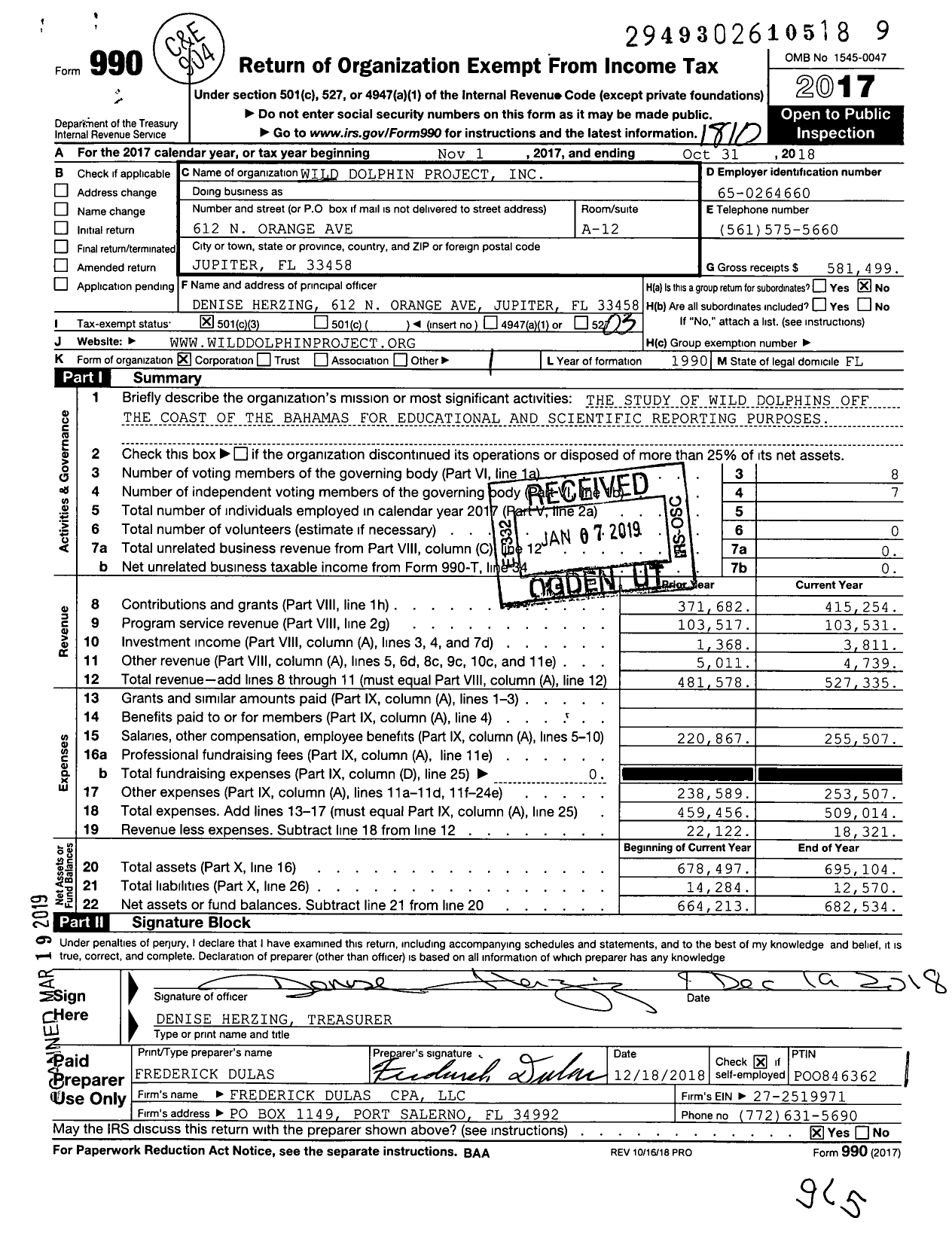 Image of first page of 2017 Form 990 for Wild Dolphin Project