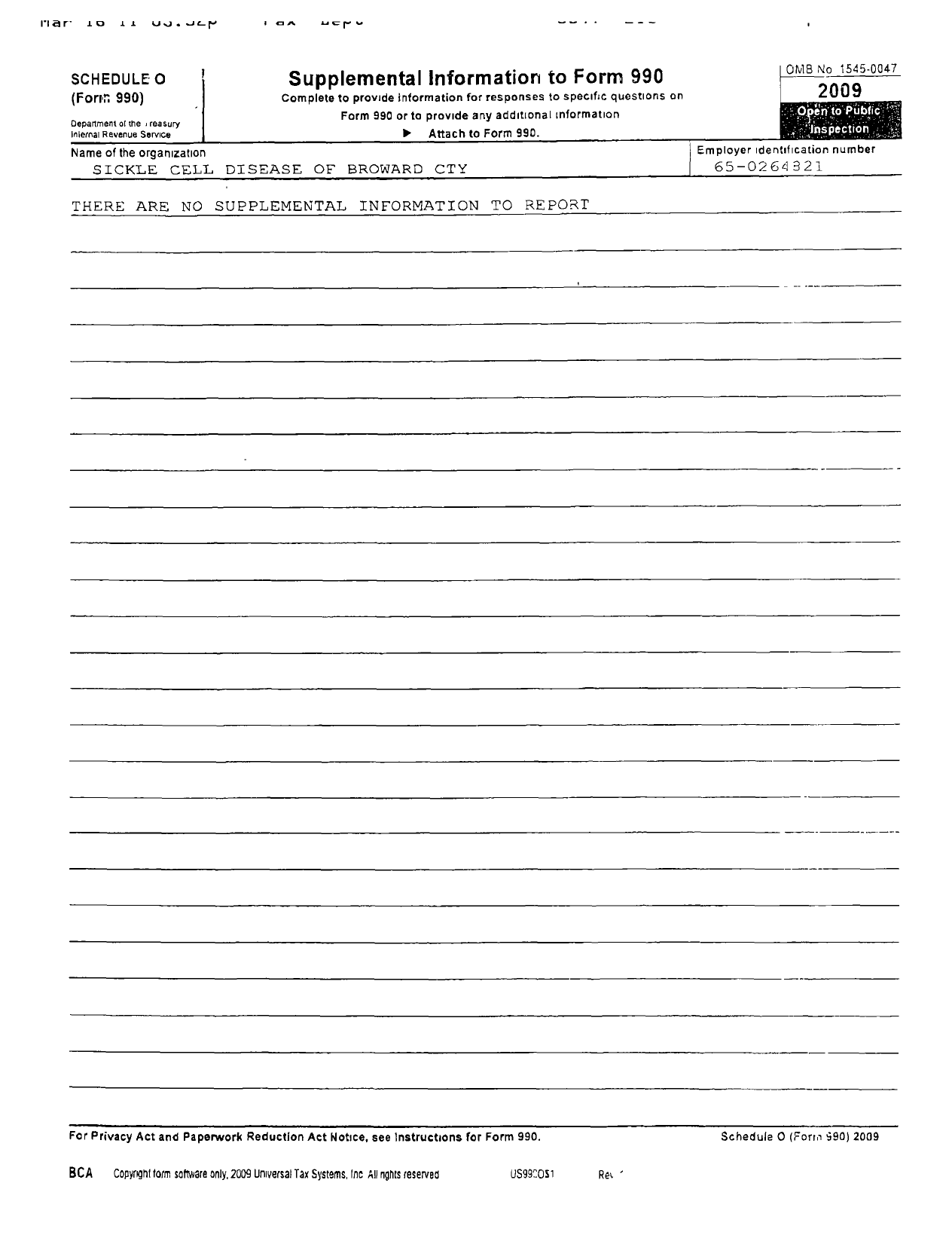 Image of first page of 2009 Form 990R for Sickle Cell Disease Association of Broward County