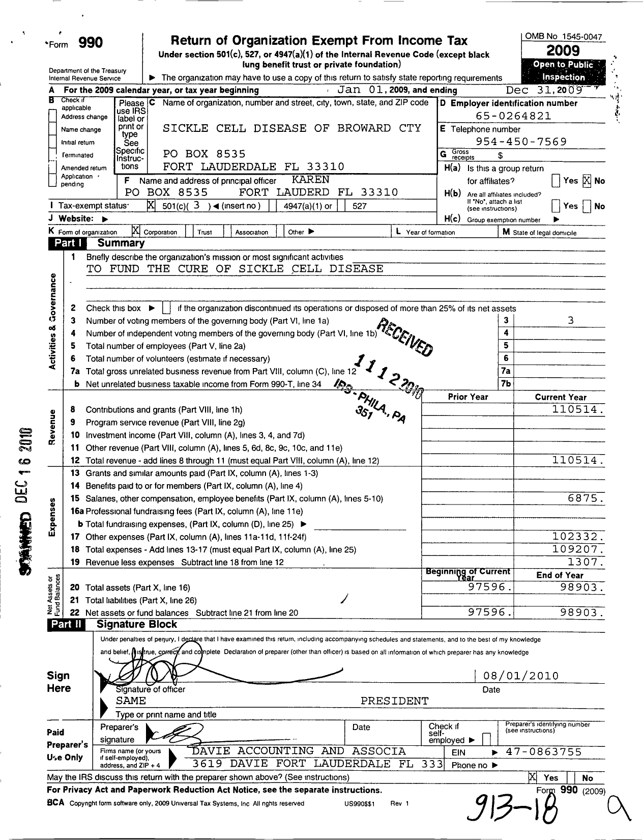 Image of first page of 2009 Form 990 for Sickle Cell Disease Association of Broward County