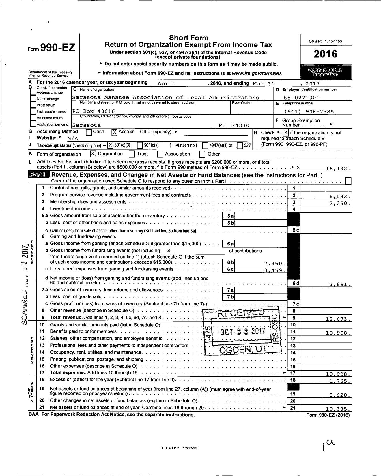 Image of first page of 2016 Form 990EZ for Sarasota Manatee Association of Legal Administrators