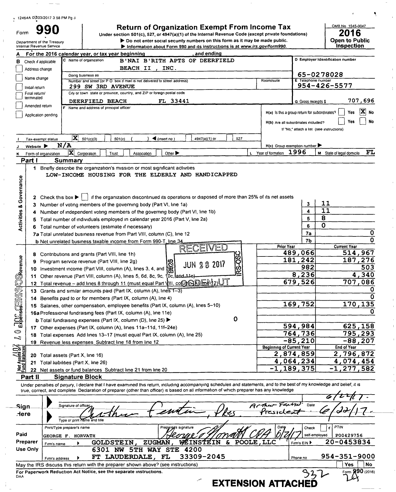 Image of first page of 2016 Form 990 for B'nai B'rith Apartment of Deerfield Beach Ii