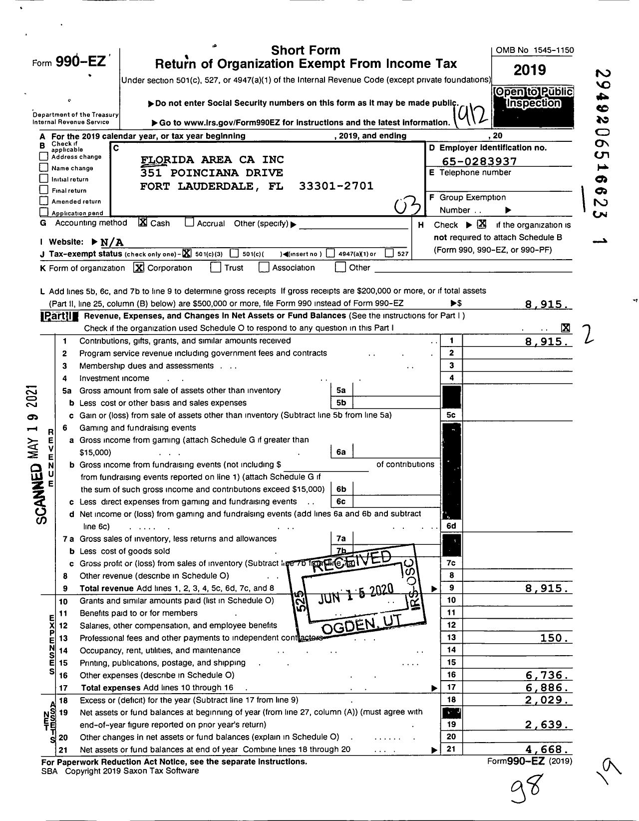 Image of first page of 2019 Form 990EZ for Florida Area Ca A