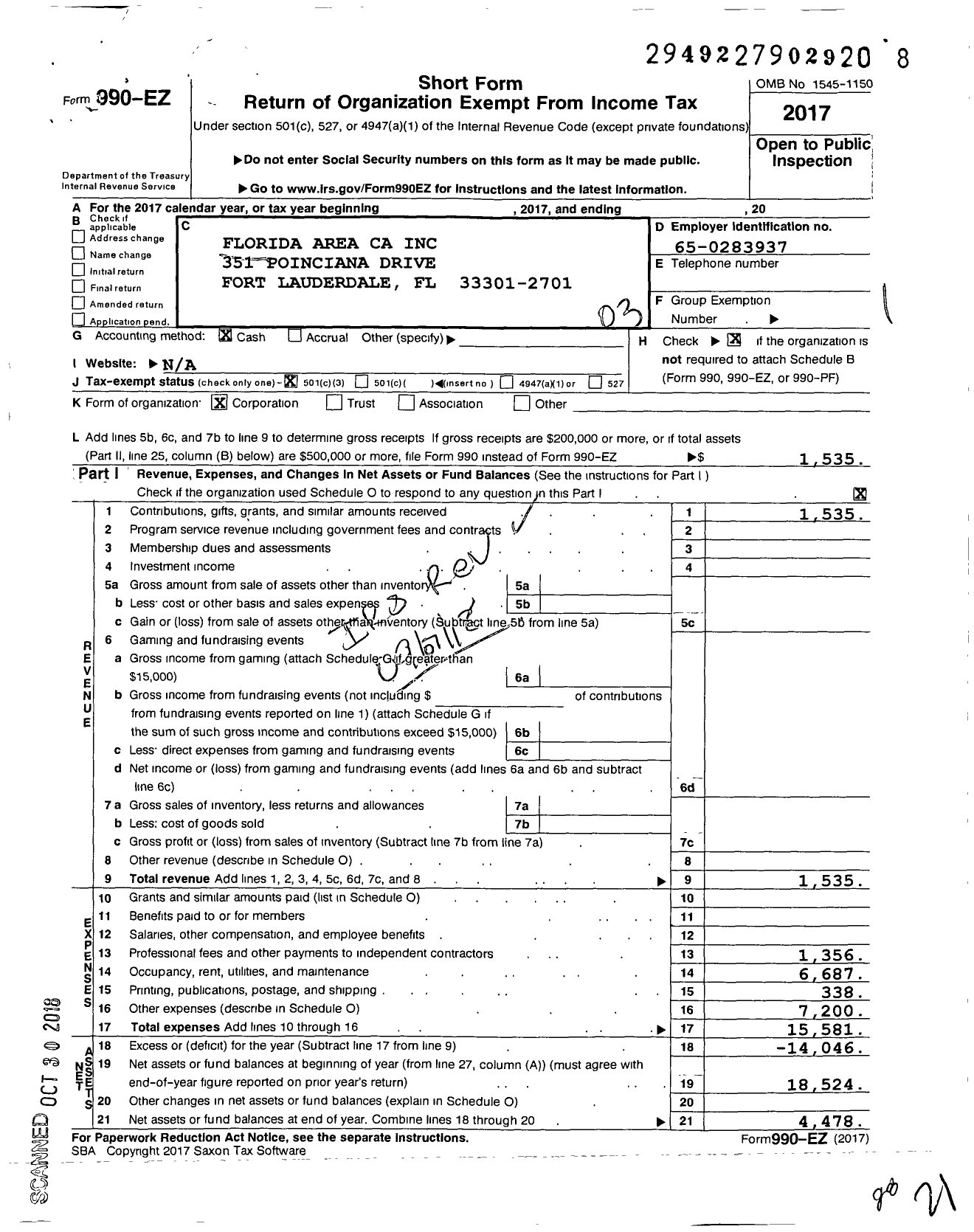 Image of first page of 2017 Form 990EZ for Florida Area Ca A