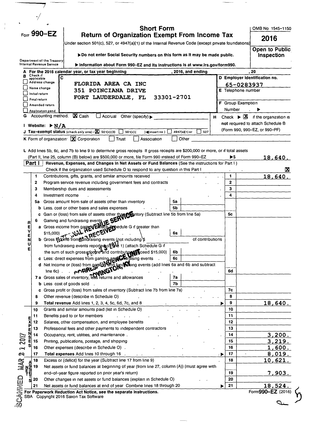 Image of first page of 2016 Form 990EZ for Florida Area Ca A