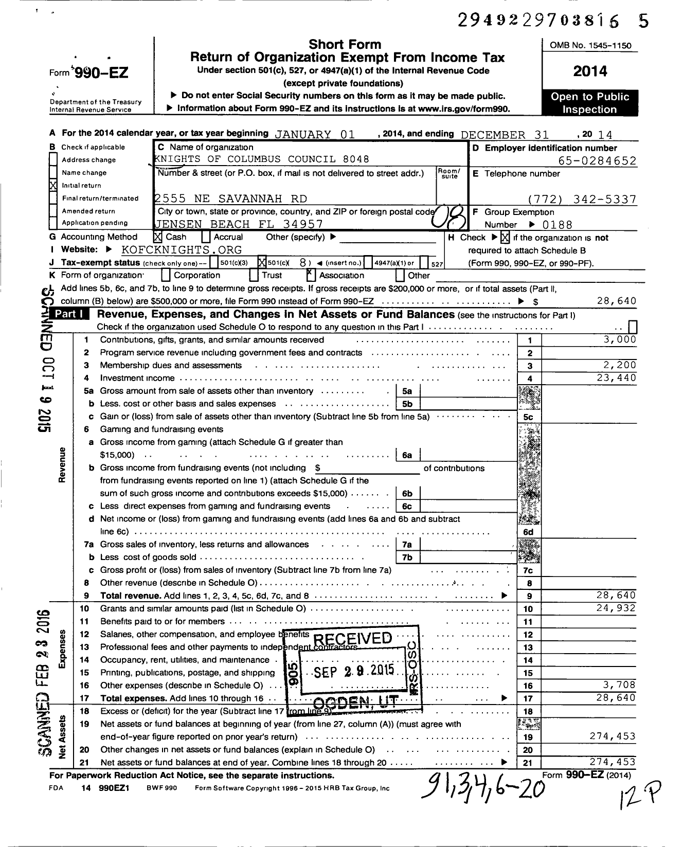 Image of first page of 2014 Form 990EO for Knights of Columbus - 8048 Knights of Columbus Council