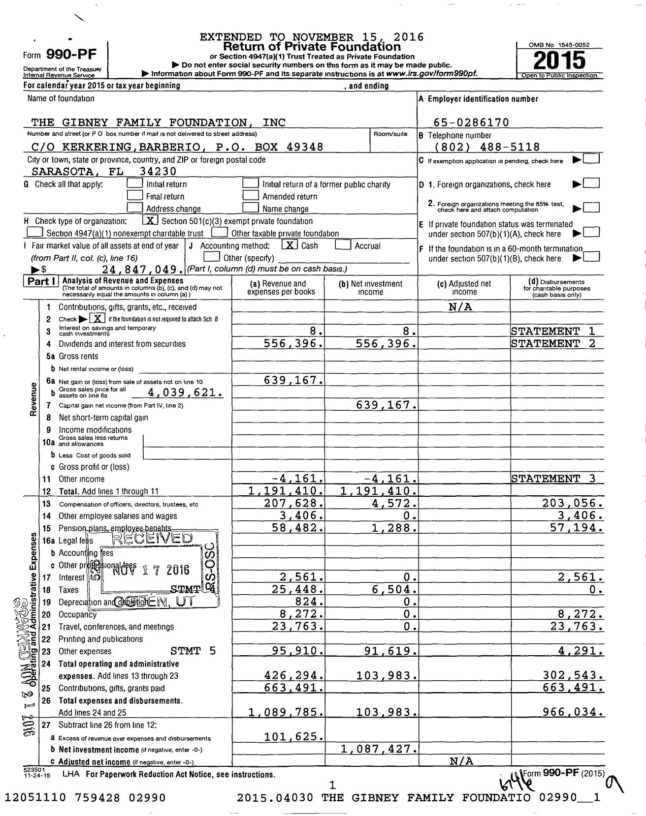 Image of first page of 2015 Form 990PF for The Gibney Family Foundation