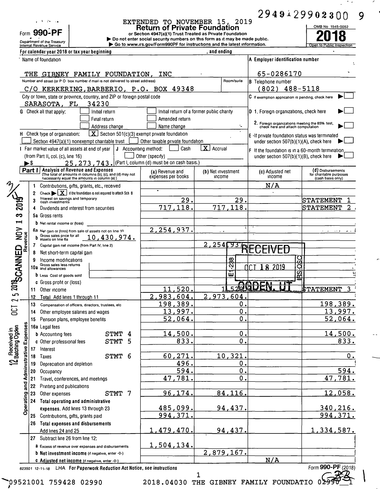 Image of first page of 2018 Form 990PF for The Gibney Family Foundation