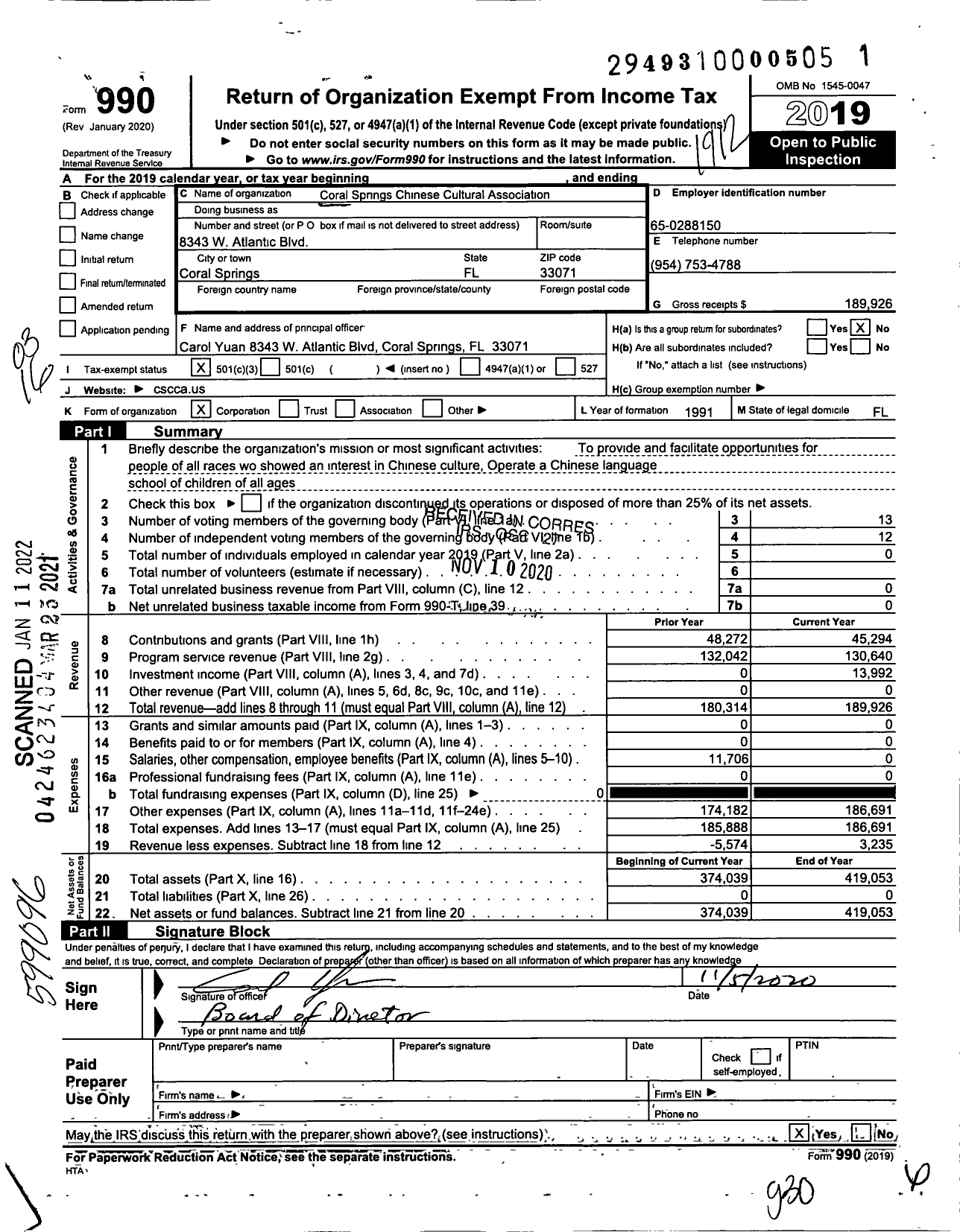 Image of first page of 2019 Form 990 for Coral Springs Chineses Cultural Association