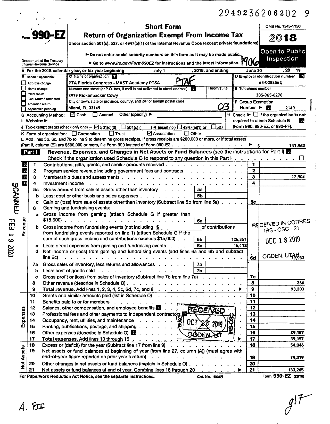 Image of first page of 2018 Form 990EZ for PTA FLORIDA CONGRESS - MAST Academy PTSA