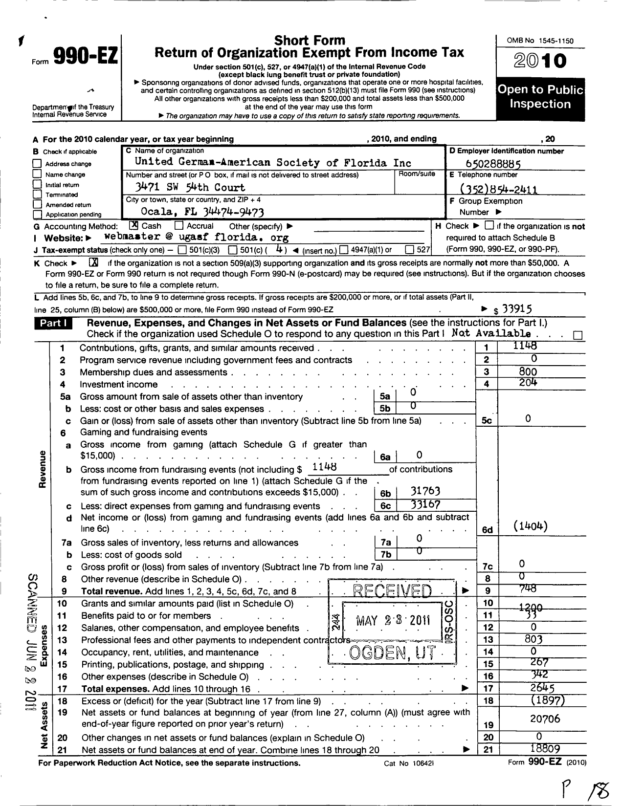 Image of first page of 2010 Form 990EO for United German American Society of Florida