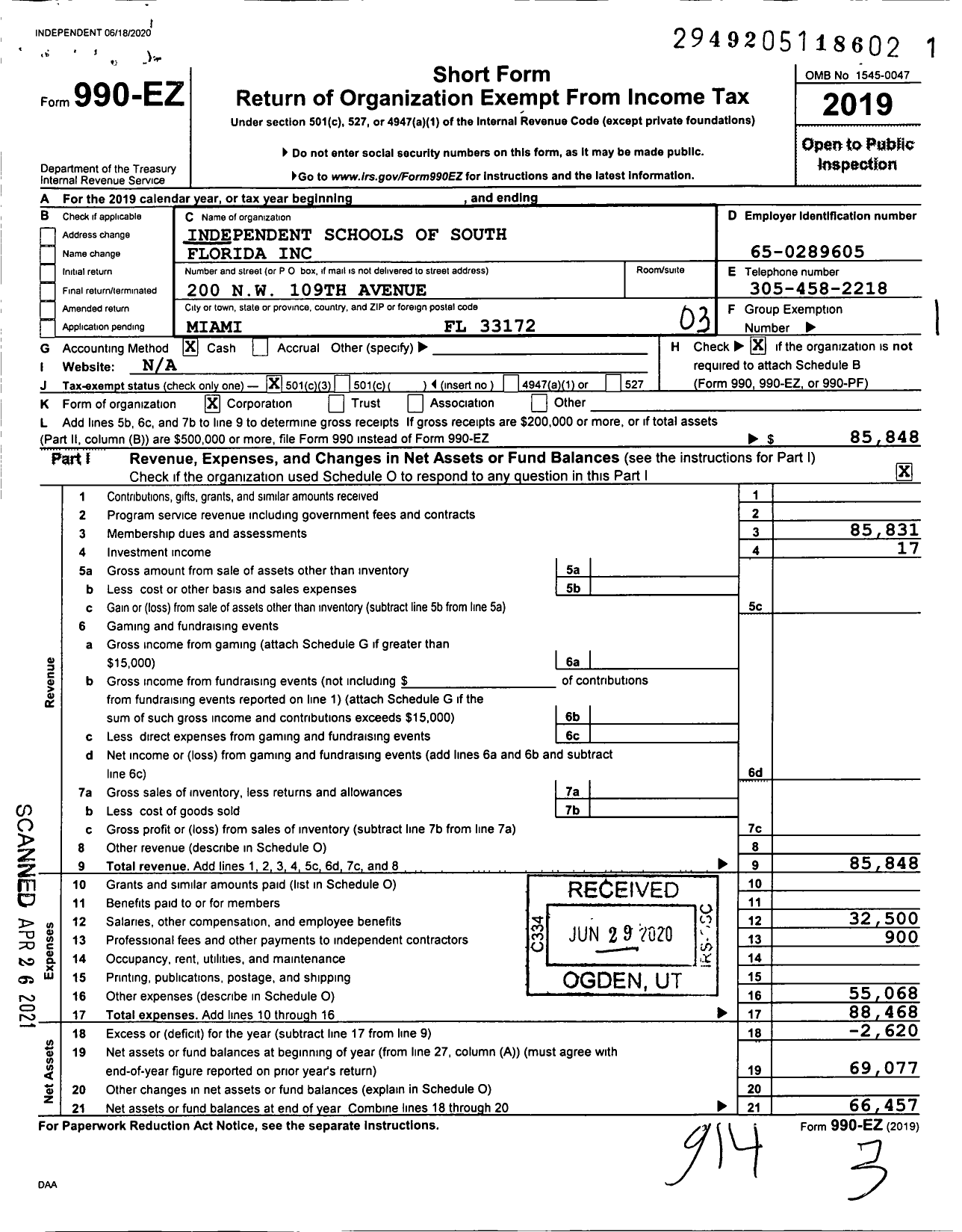 Image of first page of 2019 Form 990EZ for Independent Schools of South Florida