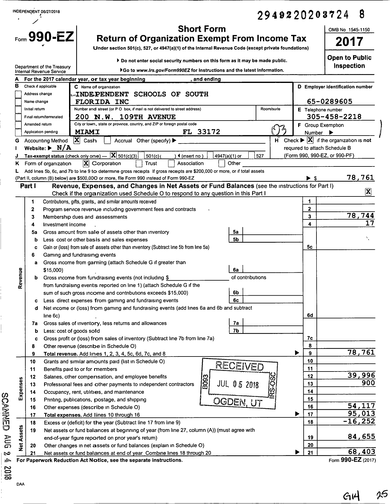 Image of first page of 2017 Form 990EZ for Independent Schools of South Florida