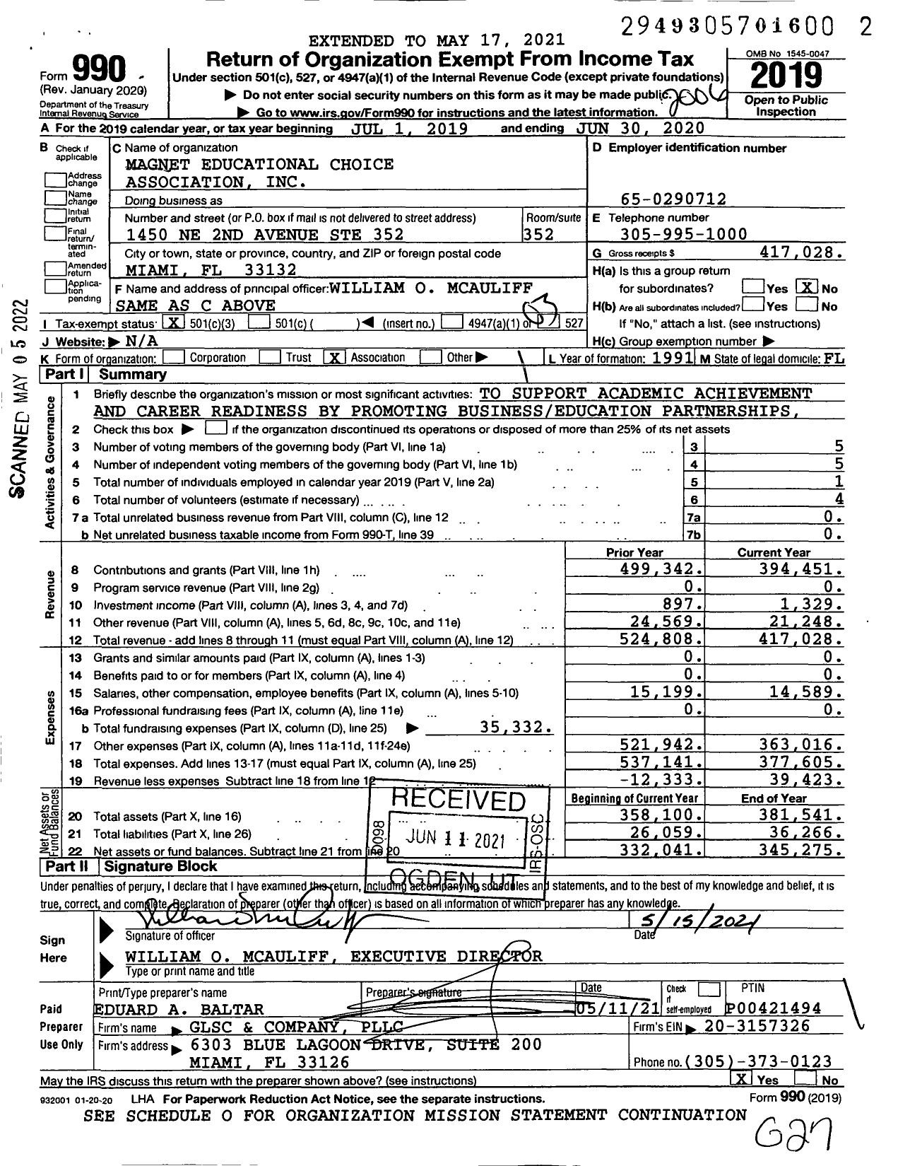 Image of first page of 2019 Form 990 for Magnet Educational Choice Association