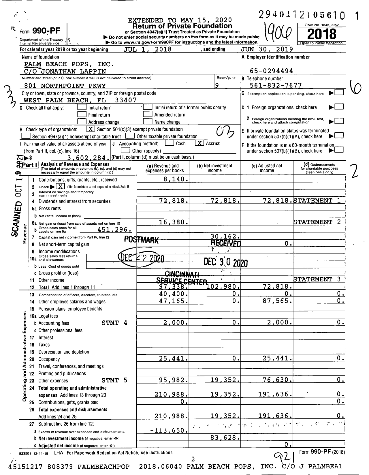 Image of first page of 2018 Form 990PF for Palm Beach Pops