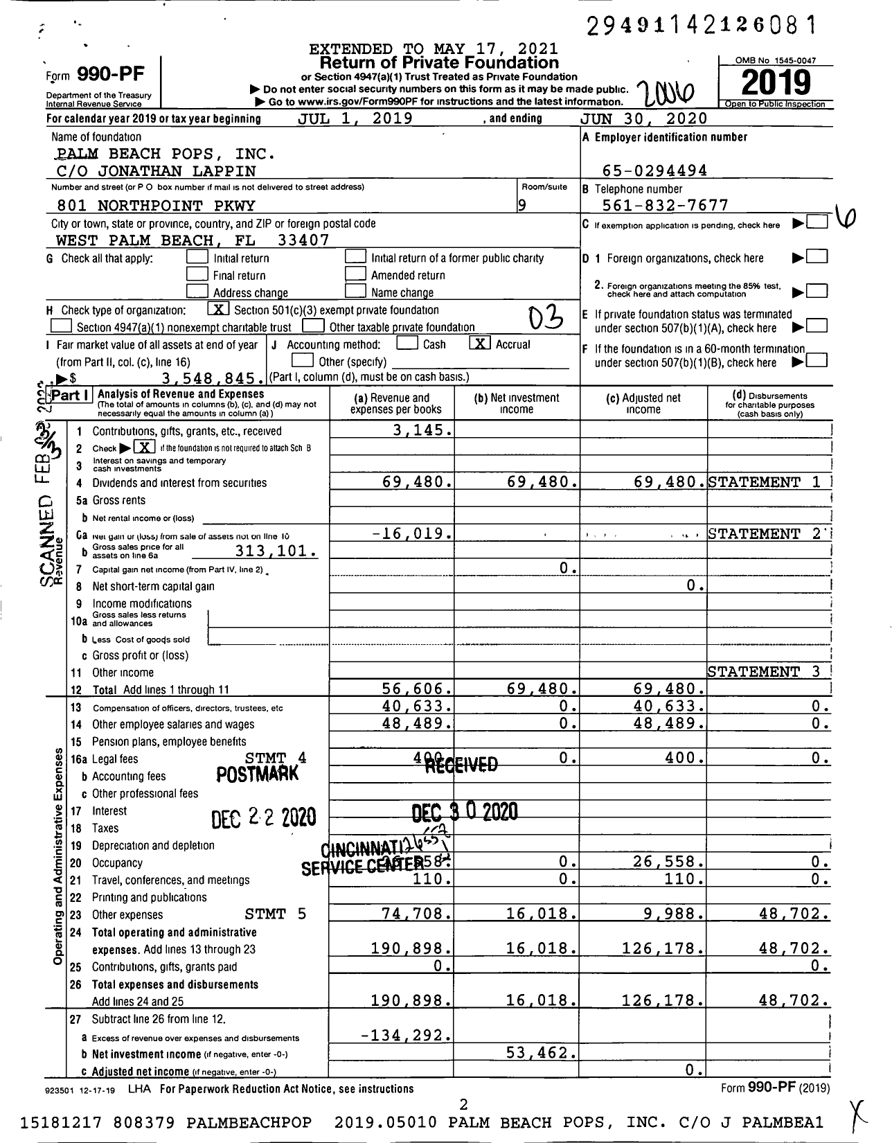 Image of first page of 2019 Form 990PF for Palm Beach Pops