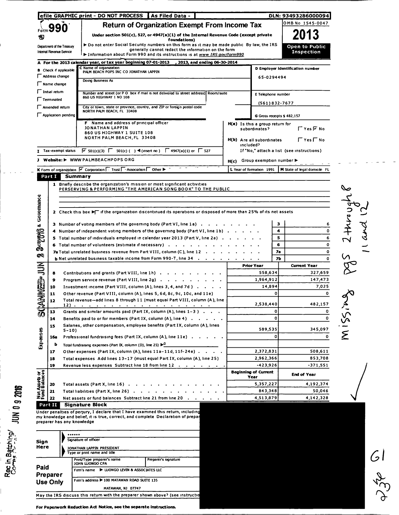 Image of first page of 2013 Form 990 for Palm Beach Pops