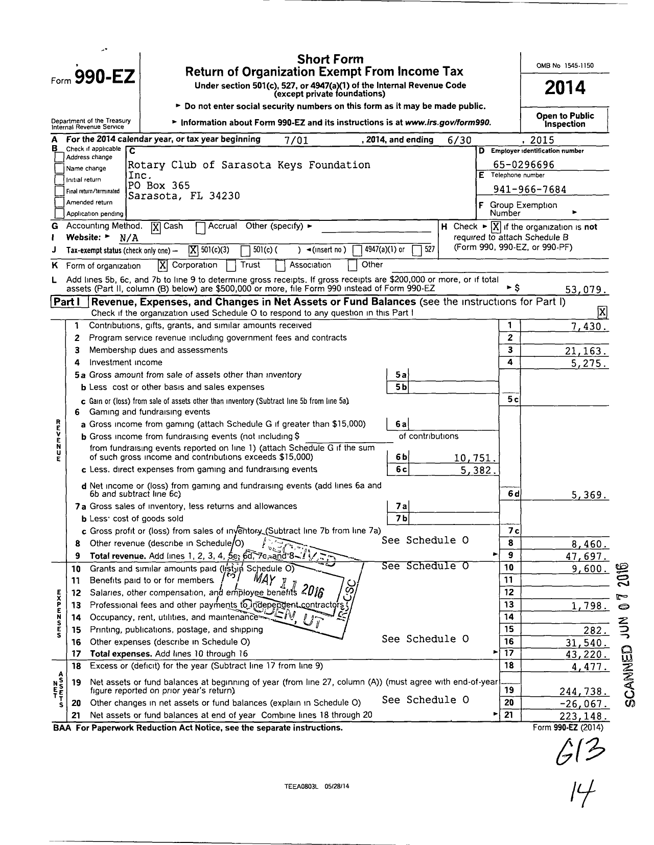 Image of first page of 2014 Form 990EZ for Rotary Club of Sarasota Keys Foundation