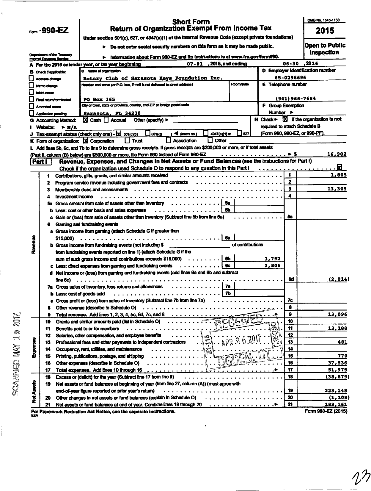 Image of first page of 2016 Form 990EZ for Rotary Club of Sarasota Keys Foundation