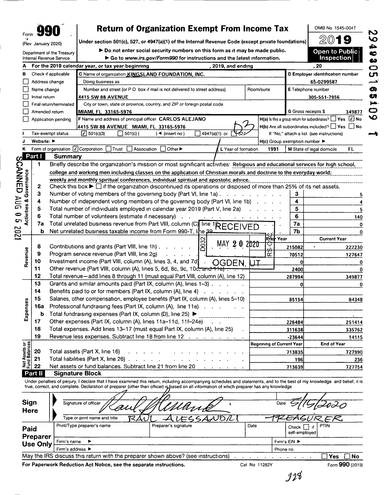 Image of first page of 2019 Form 990 for Kingsland Foundation