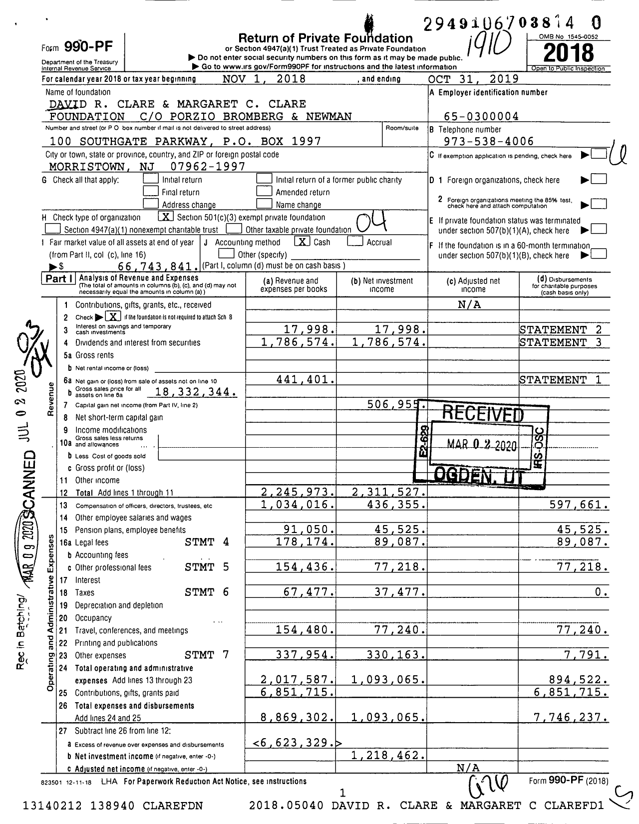 Image of first page of 2018 Form 990PR for David R Clare and Margaret C Clare Foundation