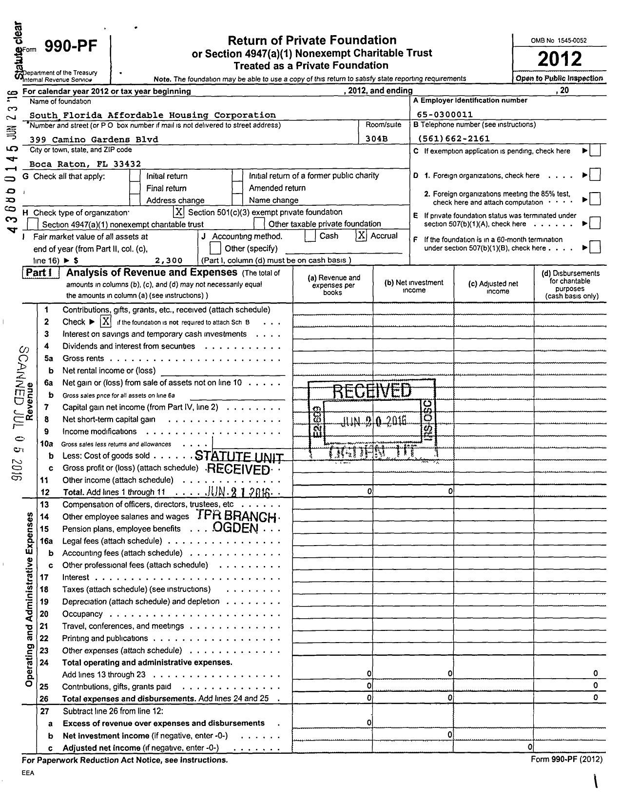 Image of first page of 2012 Form 990PF for South Florida Affordable Housing Corporation