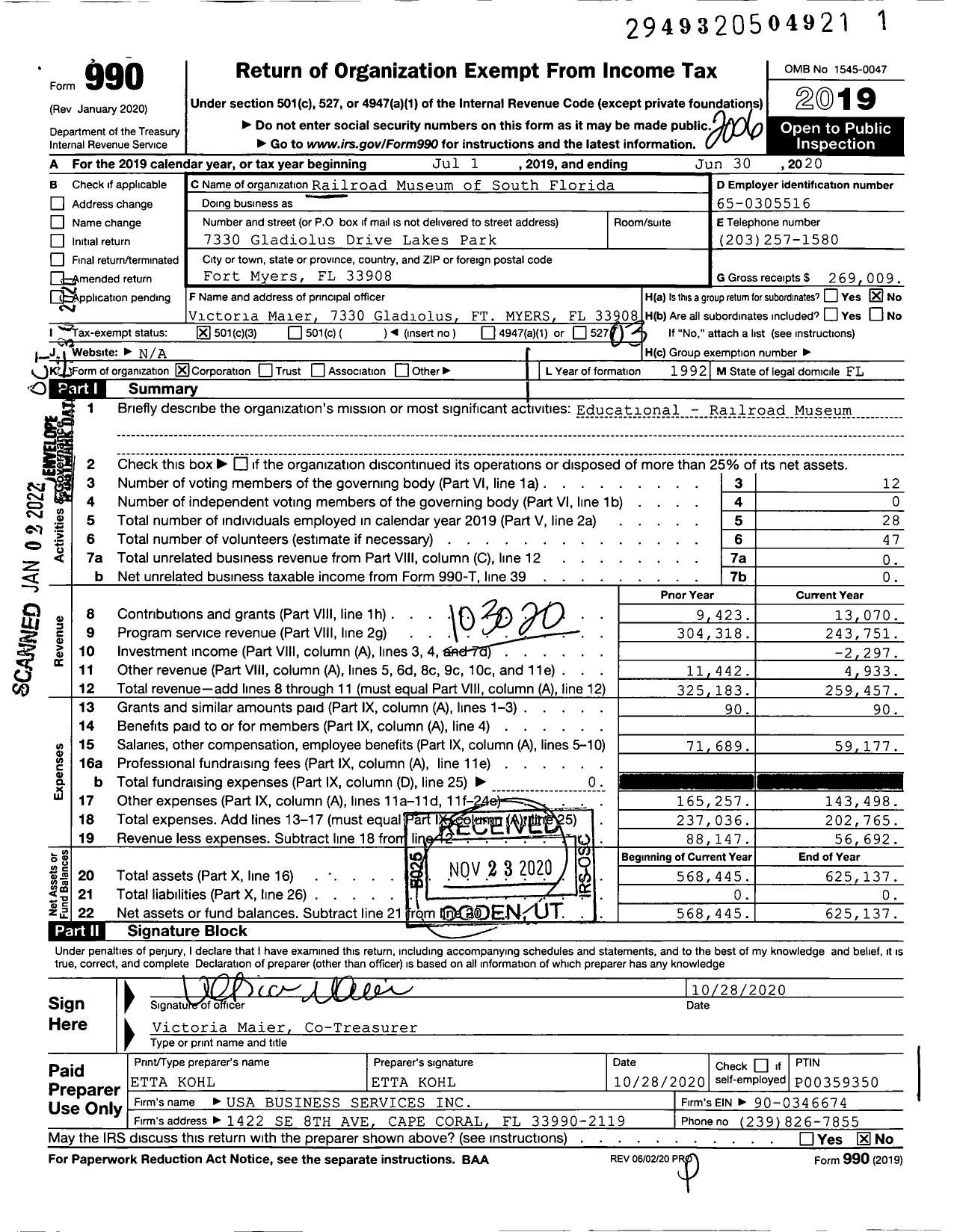 Image of first page of 2019 Form 990 for Railroad Museum of South Florida