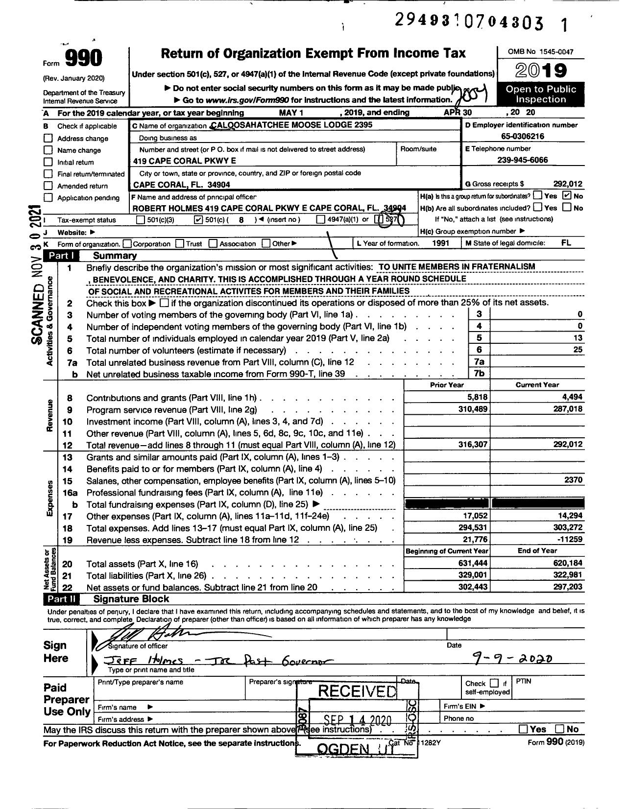 Image of first page of 2019 Form 990O for Loyal Order of Moose - 2395