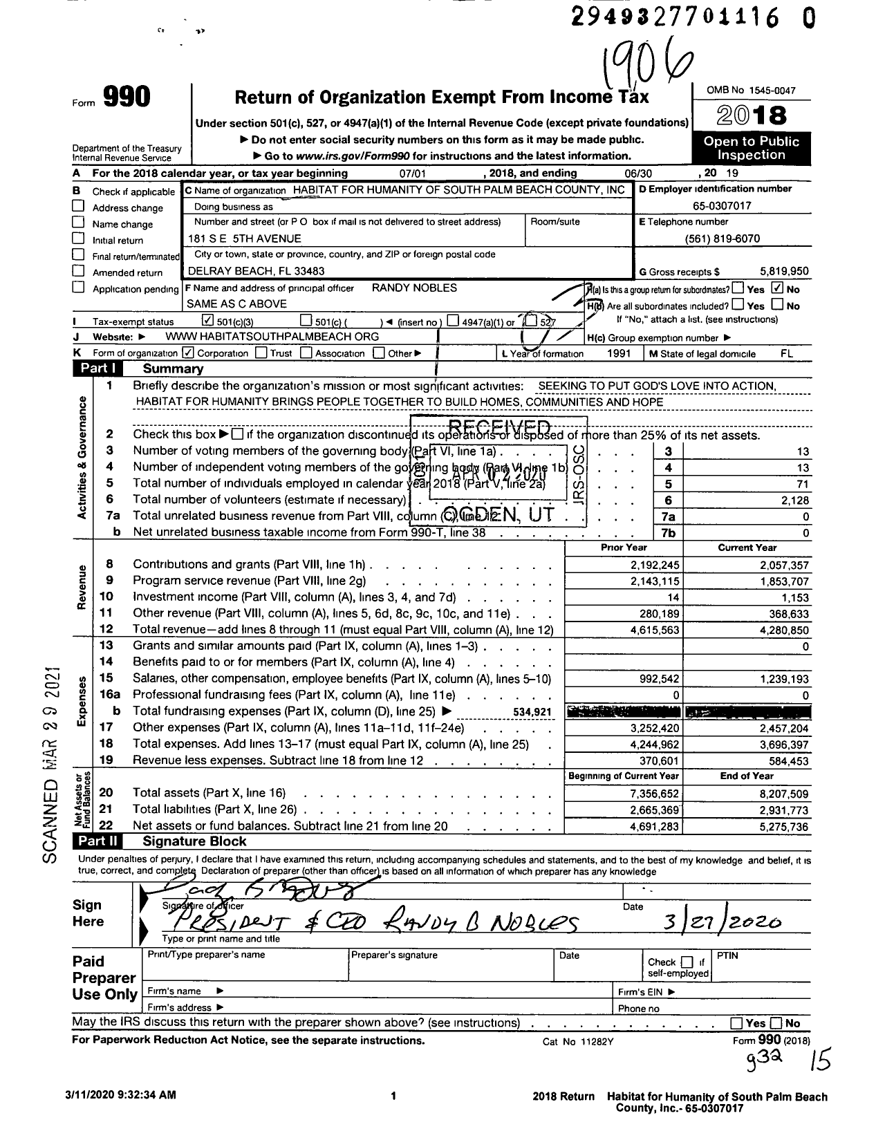 Image of first page of 2018 Form 990 for Habitat for Humanity - South Palm Beach County Inc HFH of