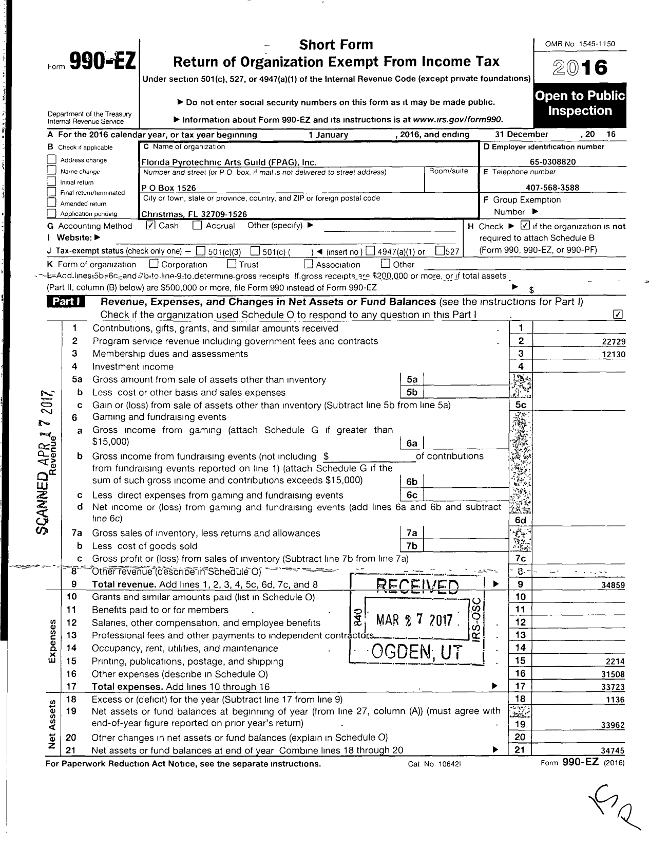 Image of first page of 2016 Form 990EO for Florida Pyrotechnic Arts Guild