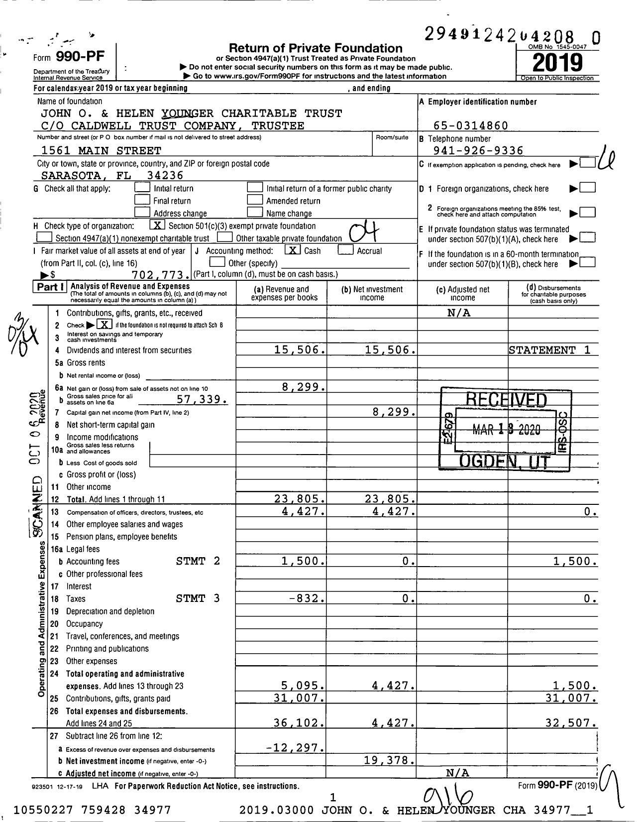 Image of first page of 2019 Form 990PR for John O and Helen Younger Charitable Trust