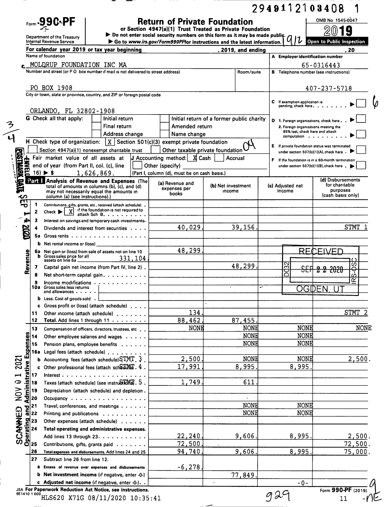 Image of first page of 2019 Form 990PF for Moldrup Foundation Ma