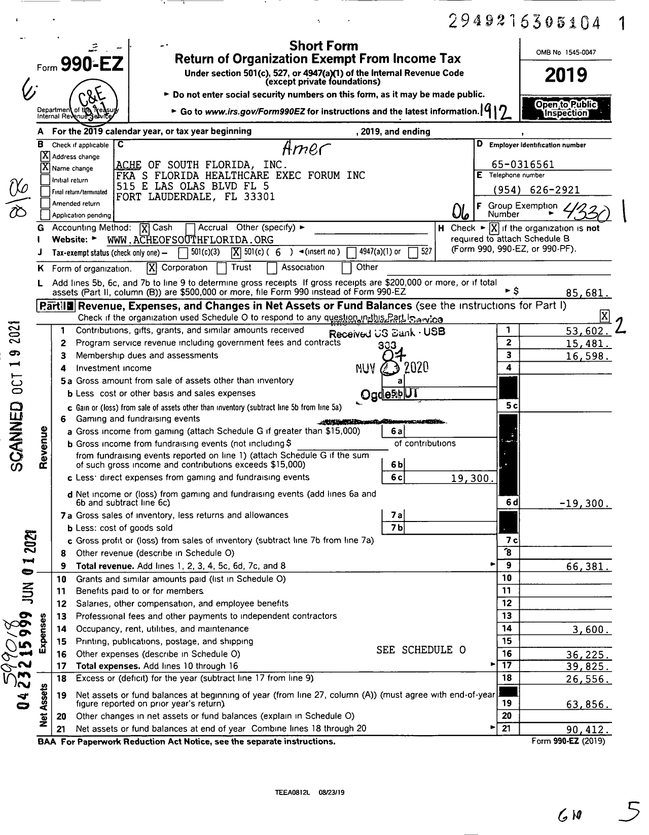 Image of first page of 2019 Form 990EO for Ache of South Florida