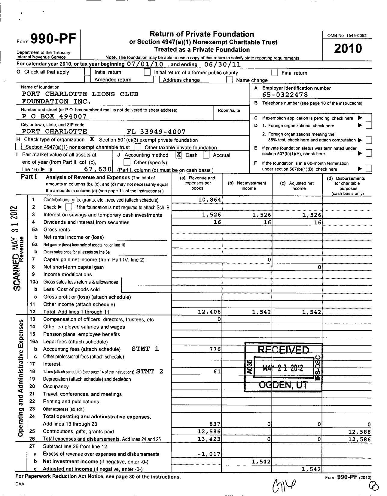 Image of first page of 2010 Form 990PF for Port Charolotte Lions Club Foundation