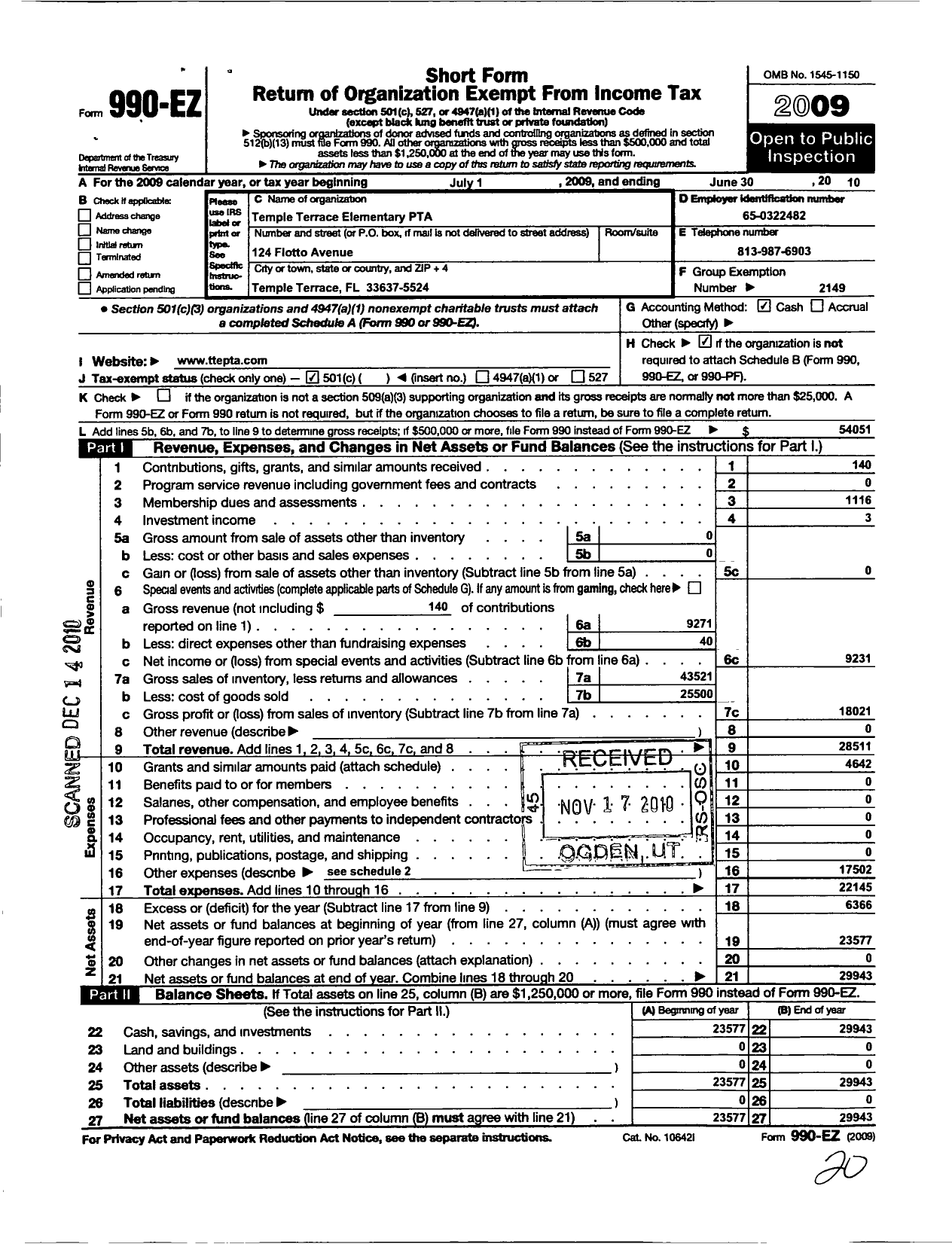 Image of first page of 2009 Form 990EO for PTA Florida Congress - Temple Terrace Elementary PTA