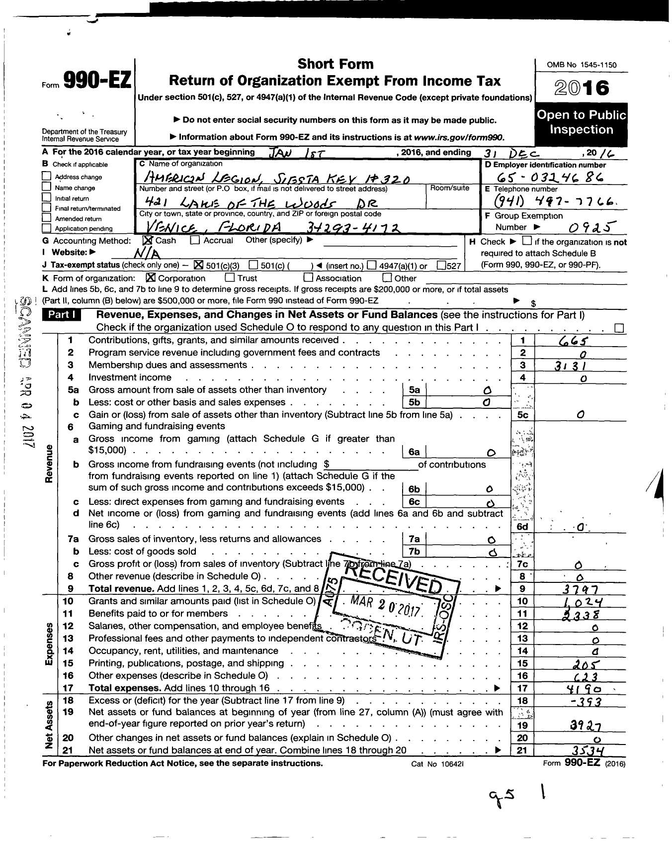 Image of first page of 2016 Form 990EZ for American Legion Sigsta Key 320