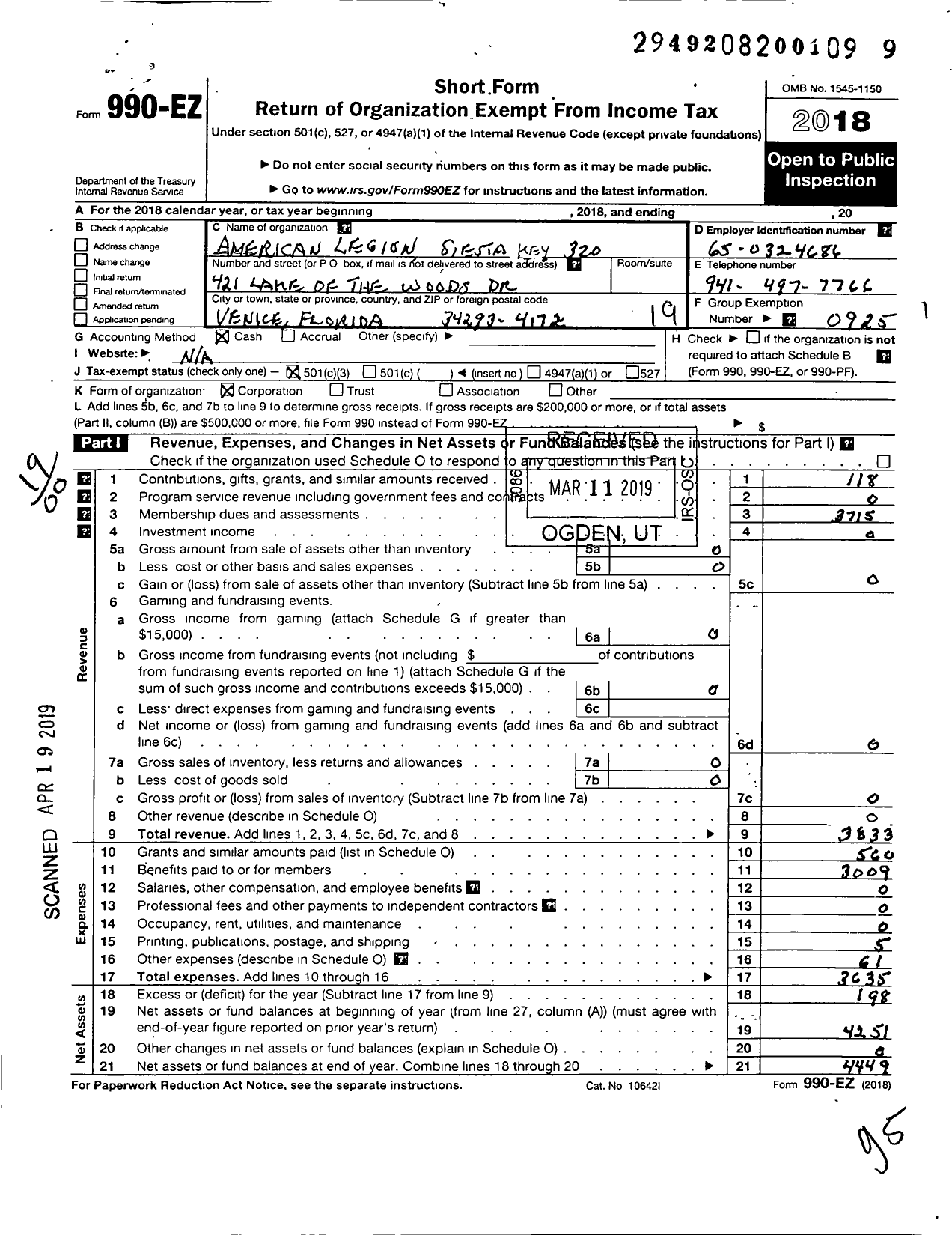 Image of first page of 2018 Form 990EO for American Legion Sigsta Key 320