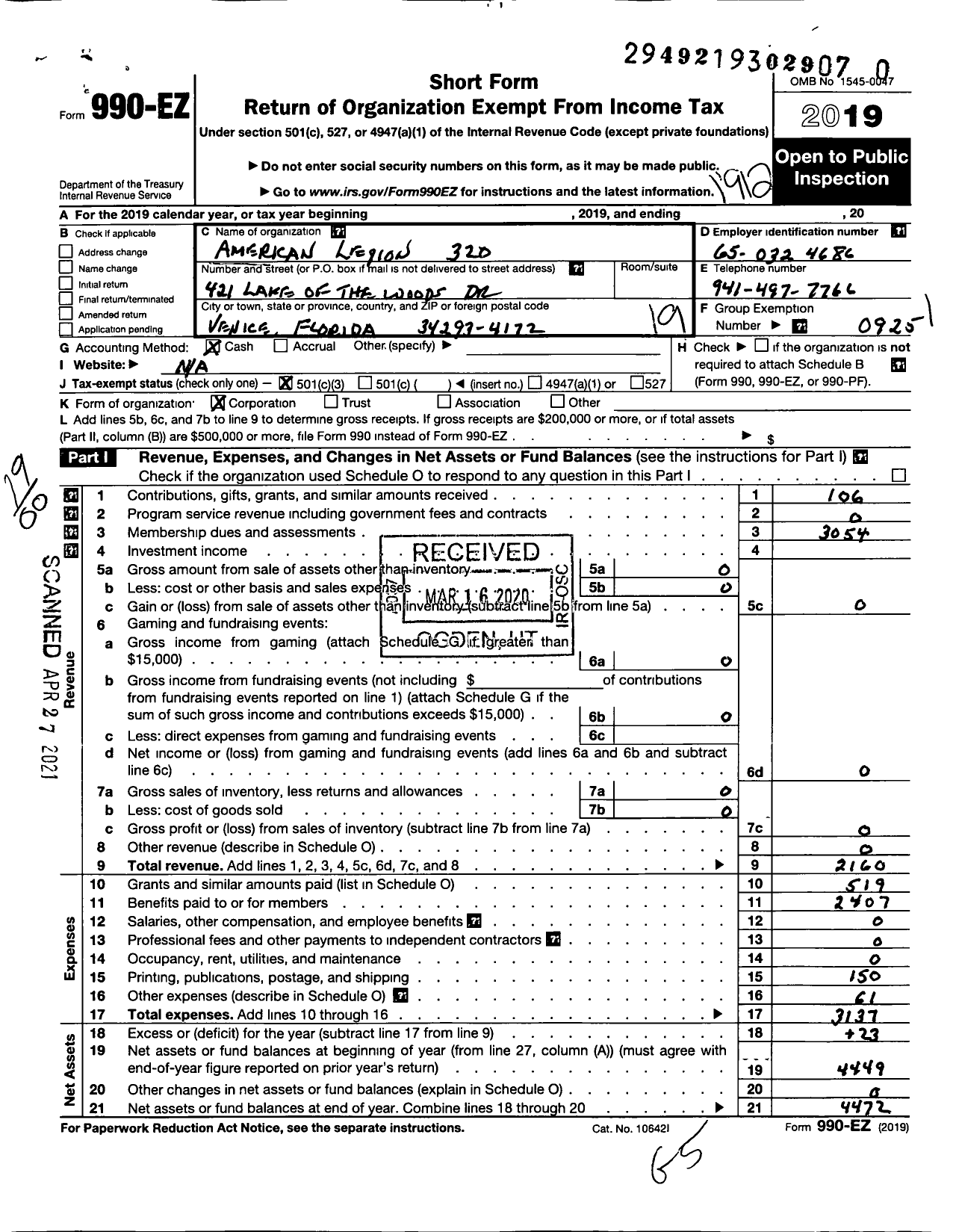 Image of first page of 2019 Form 990EO for American Legion Sigsta Key 320