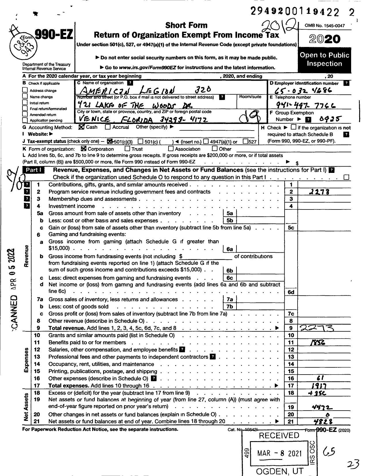 Image of first page of 2020 Form 990EO for American Legion Sigsta Key 320