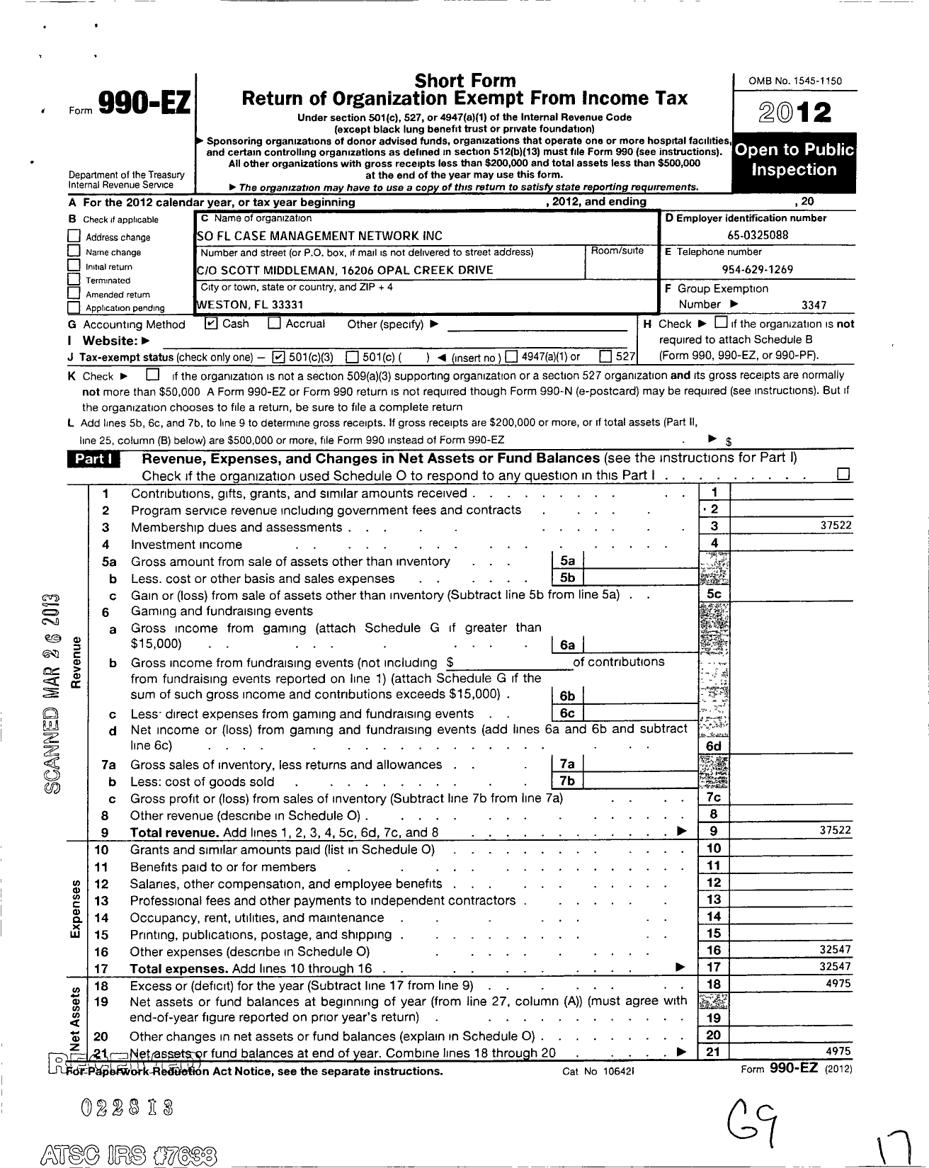 Image of first page of 2012 Form 990EZ for Case Management Society of America / South FL Case Management Network