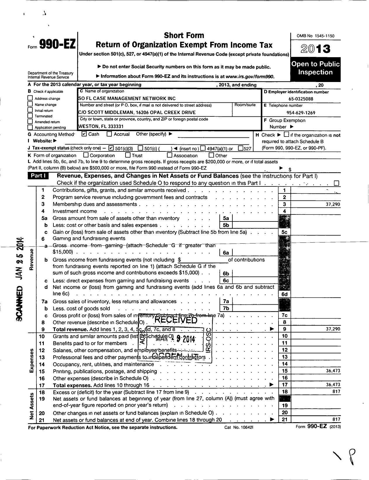 Image of first page of 2013 Form 990EZ for Case Management Society of America / South FL Case Management Network