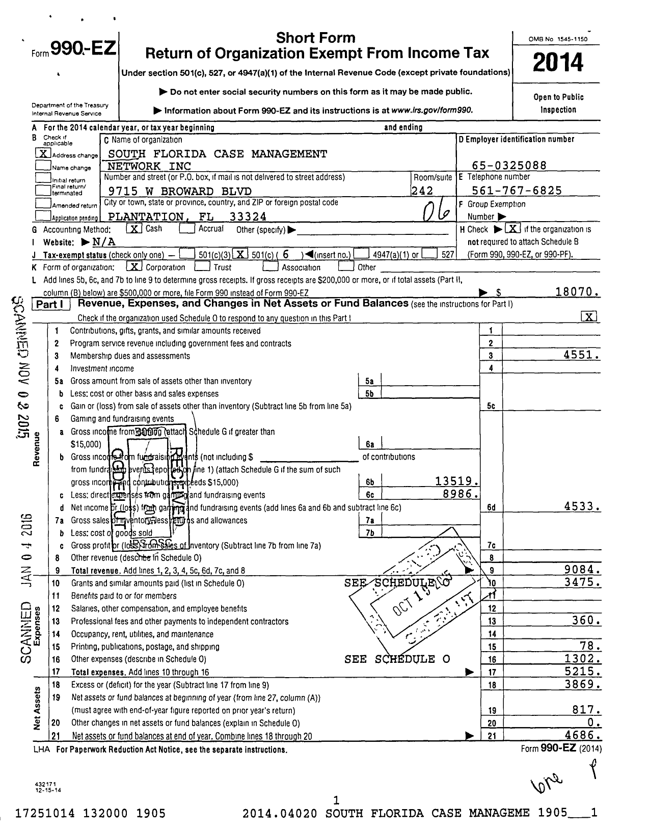 Image of first page of 2014 Form 990EO for Case Management Society of America / South FL Case Management Network