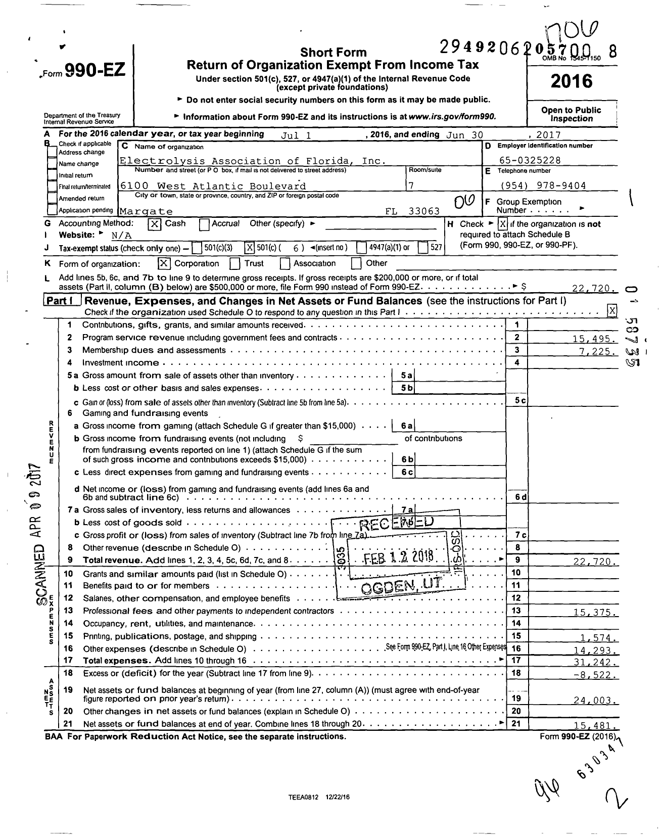 Image of first page of 2016 Form 990EO for Electrolysis Association of Florida