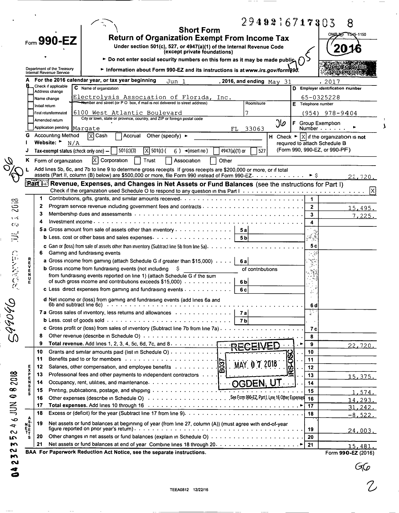 Image of first page of 2016 Form 990EO for Electrolysis Association of Florida