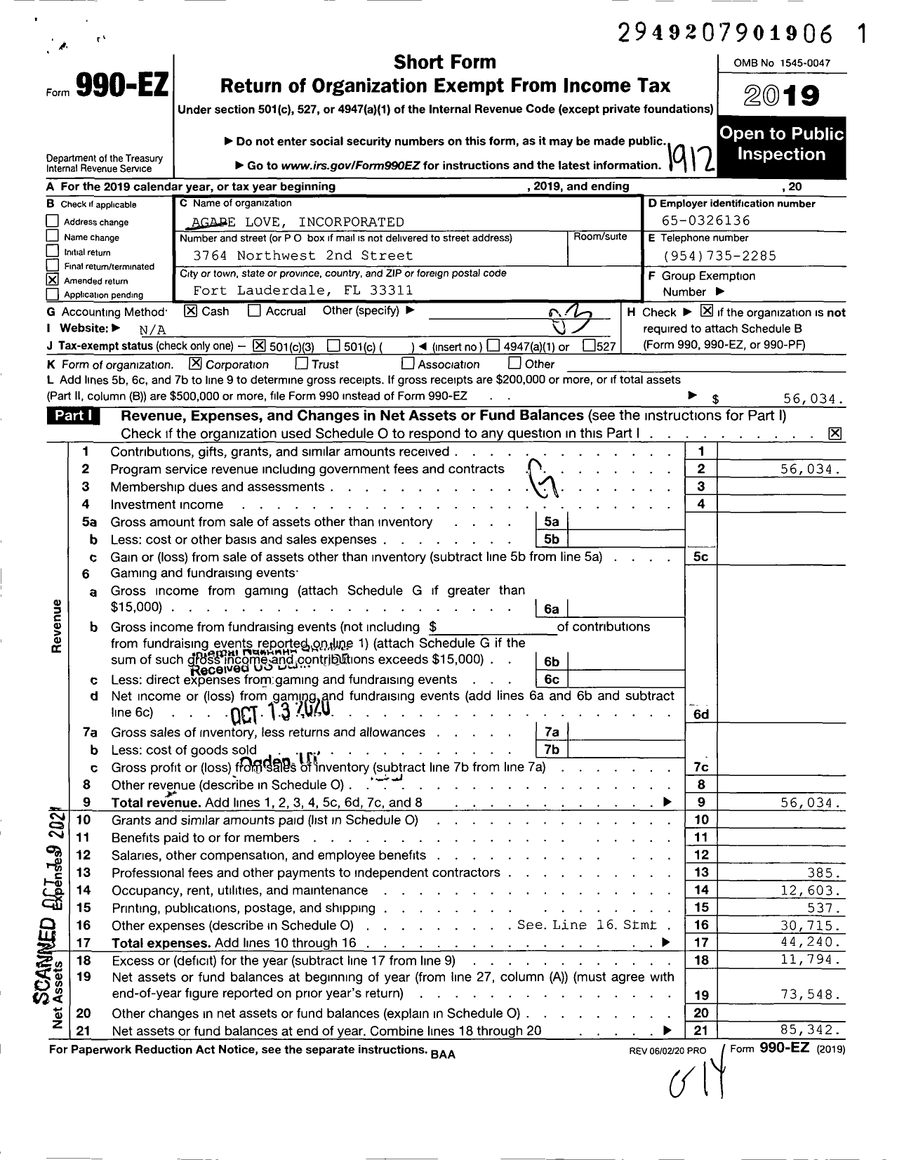 Image of first page of 2019 Form 990EZ for Agape Love Incorporated