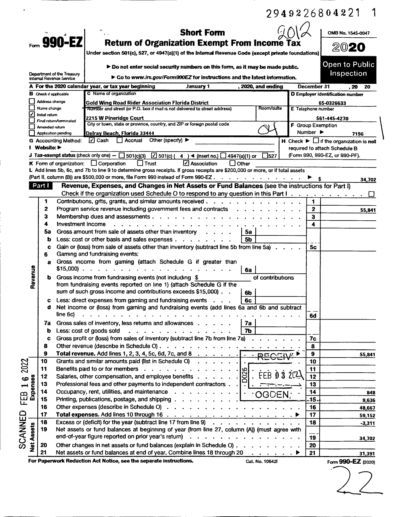 Image of first page of 2020 Form 990EO for Gold Wing Road Riders Association Florida District